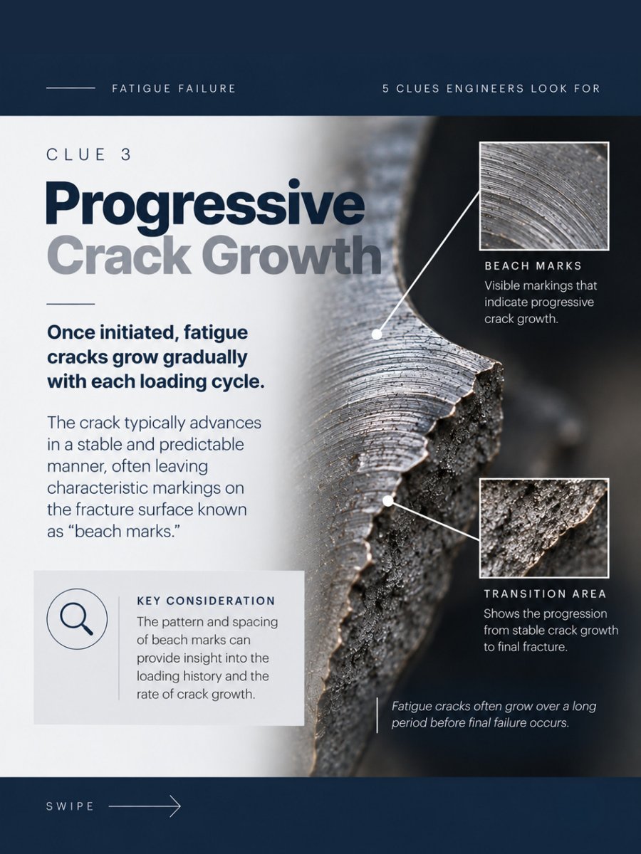 Beach marks showing progressive crack growth